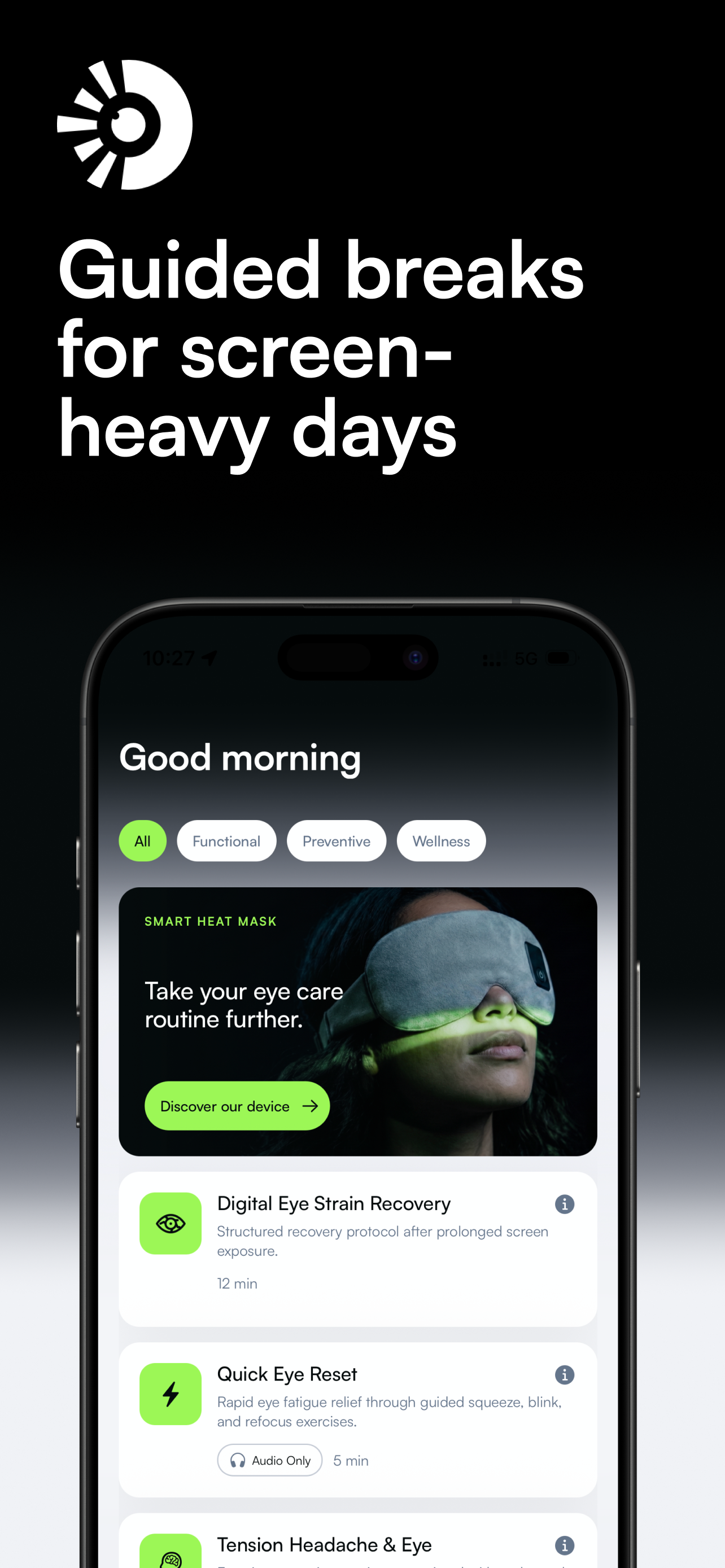 EyeRelief guided session catalog on iPhone