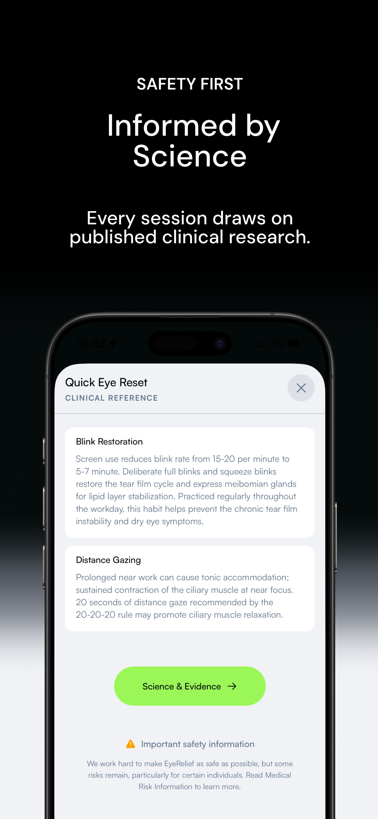 EyeRelief evidence and safety information on iPhone